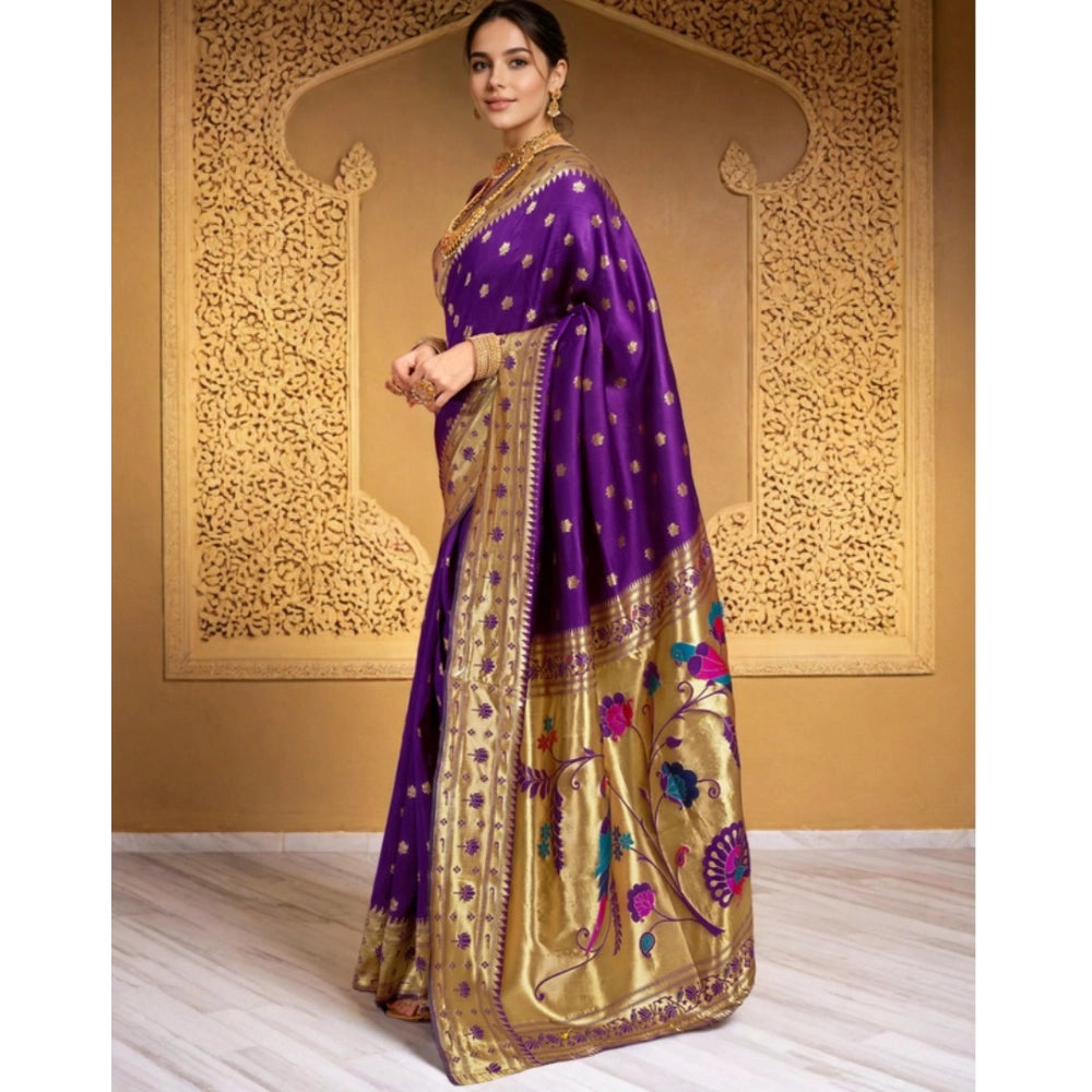 Women's Silk Blend Woven Saree With Unstitched Blouse 5.5Mtr (Purple)