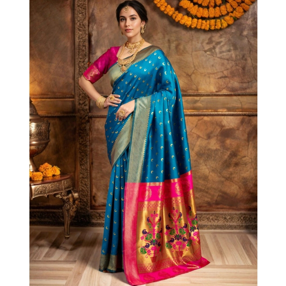 Women's Silk Blend Zari Woven Saree With Unstitched Blouse 5.5Mtr (Aqua)