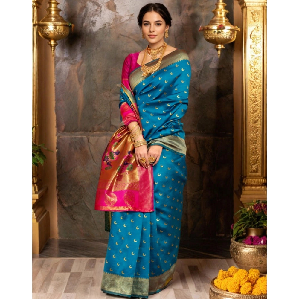 Women's Silk Blend Zari Woven Saree With Unstitched Blouse 5.5Mtr (Aqua)