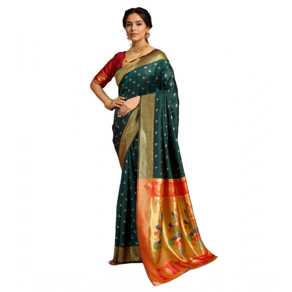 Women's Silk Blend Zari Woven Saree With Unstitched Blouse 5.5Mtr (Dark-Green)
