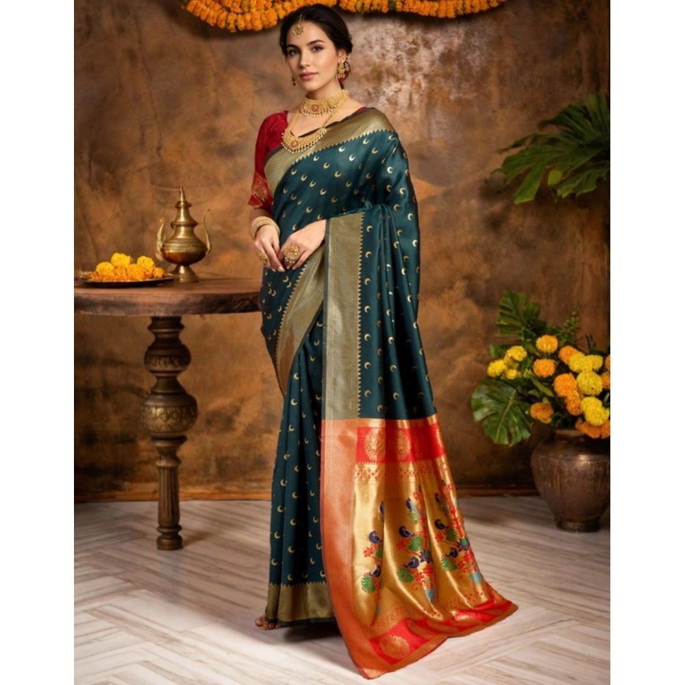 Women's Silk Blend Zari Woven Saree With Unstitched Blouse 5.5Mtr (Dark-Green)