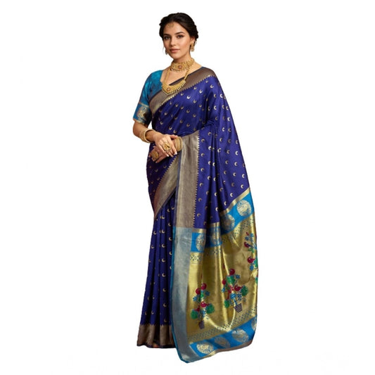Women's Silk Blend Zari Woven Saree With Unstitched Blouse 5.5Mtr (Navy)