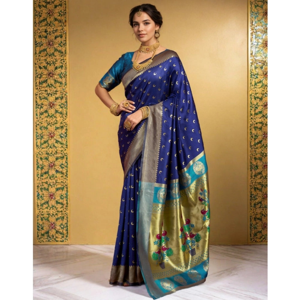 Women's Silk Blend Zari Woven Saree With Unstitched Blouse 5.5Mtr (Navy)