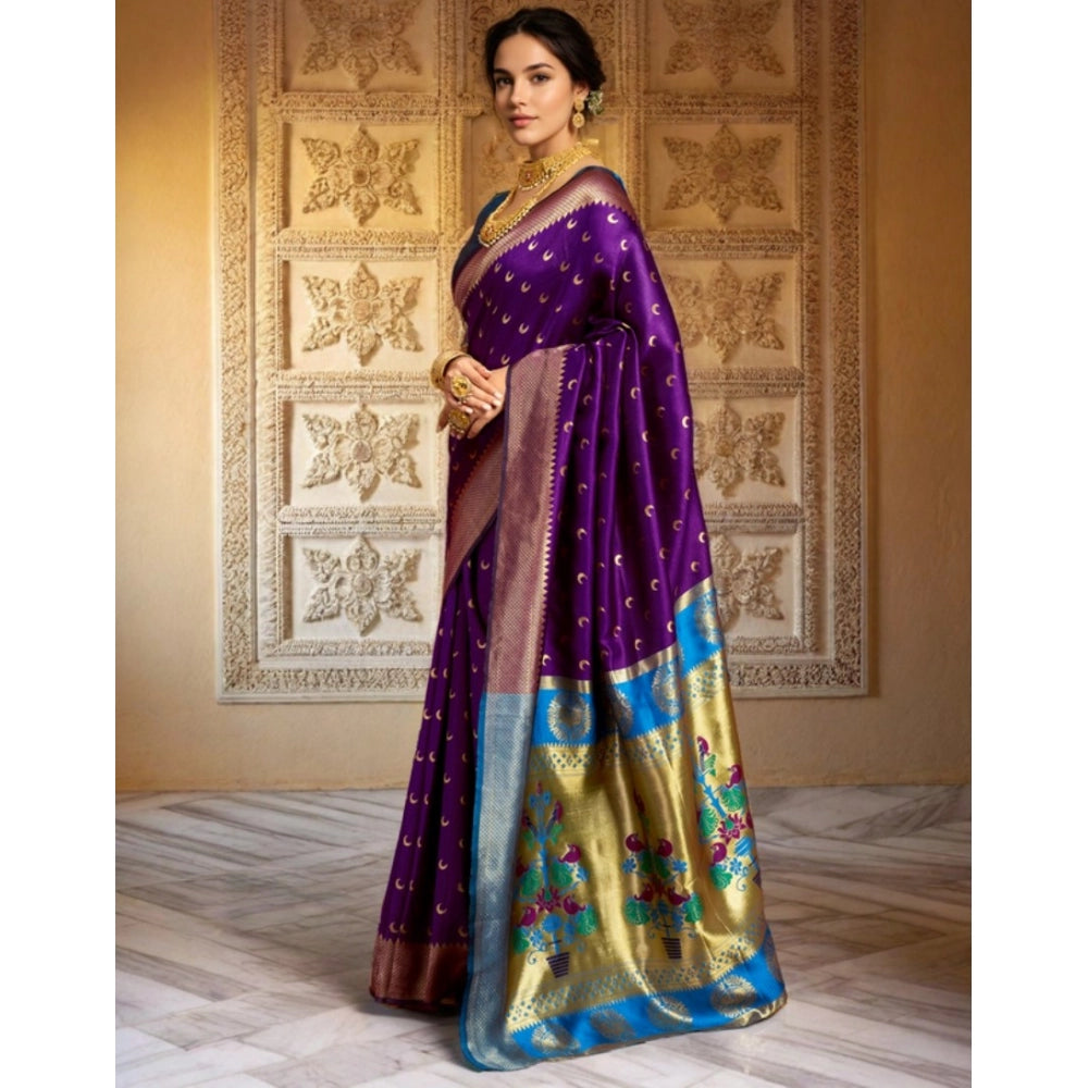 Women's Silk Blend Zari Woven Saree With Unstitched Blouse 5.5Mtr (Purple)