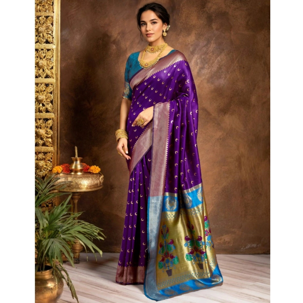 Women's Silk Blend Zari Woven Saree With Unstitched Blouse 5.5Mtr (Purple)