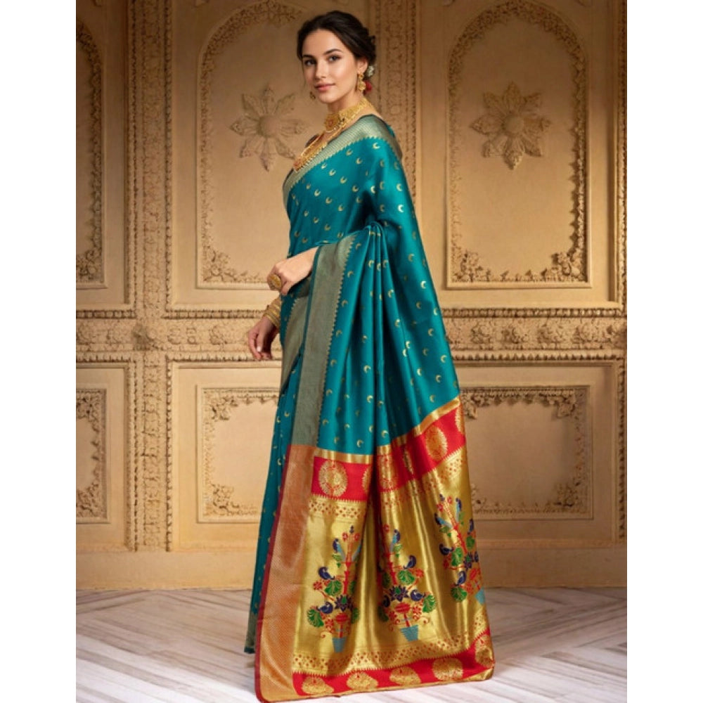 Women's Silk Blend Zari Woven Saree With Unstitched Blouse 5.5Mtr (Rama)