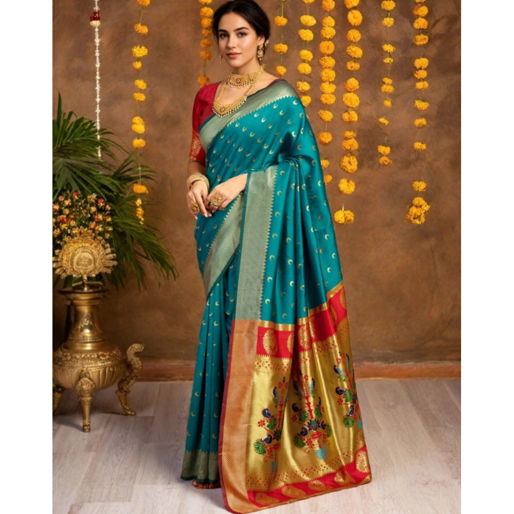 Women's Silk Blend Zari Woven Saree With Unstitched Blouse 5.5Mtr (Rama)