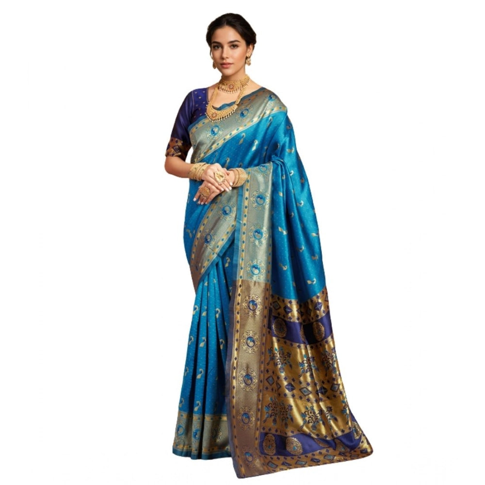 Women's Silk Blend Zari Weaving Saree With Unstitched Blouse 5.5Mtr (Aqua)
