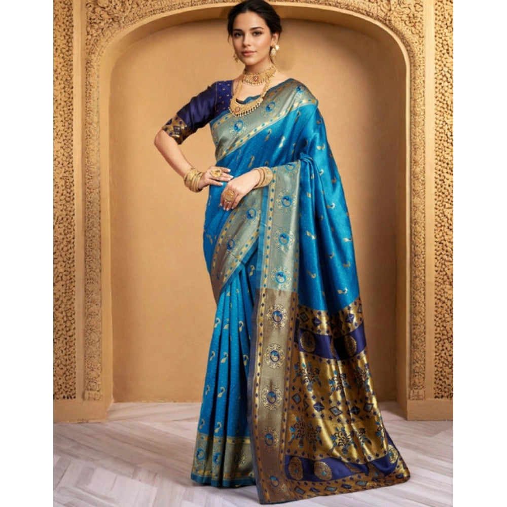 Women's Silk Blend Zari Weaving Saree With Unstitched Blouse 5.5Mtr (Aqua)