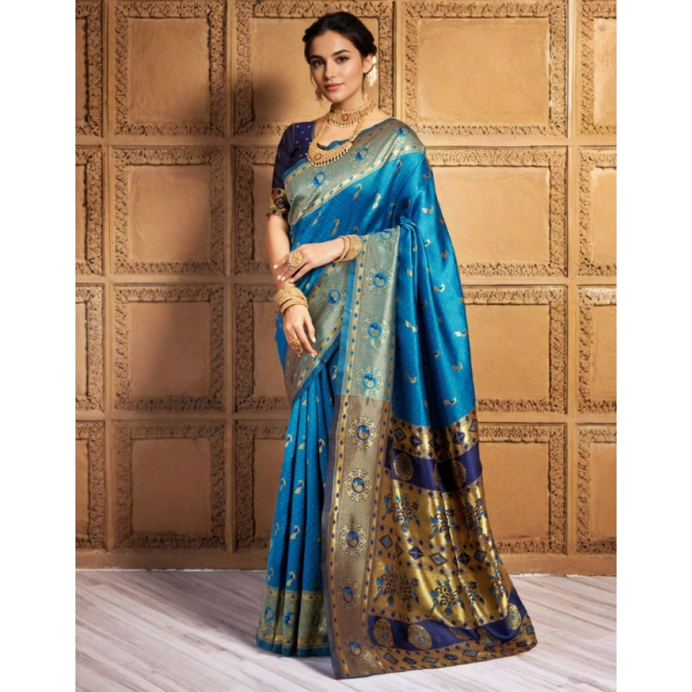Women's Silk Blend Zari Weaving Saree With Unstitched Blouse 5.5Mtr (Aqua)