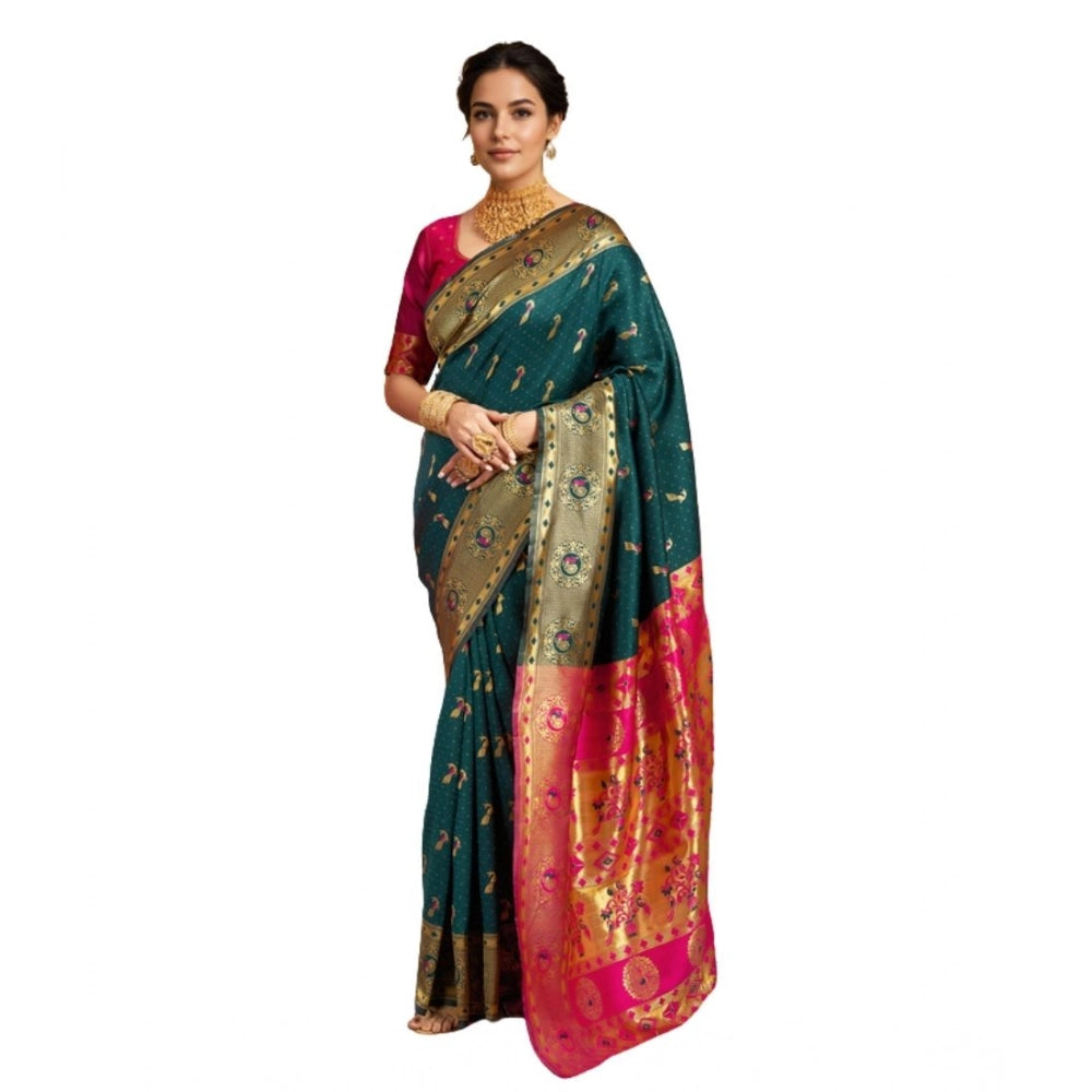 Women's Silk Blend Zari Weaving Saree With Unstitched Blouse 5.5Mtr (Dark-Green)