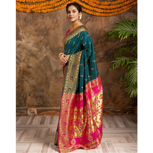 Women's Silk Blend Zari Weaving Saree With Unstitched Blouse 5.5Mtr (Dark-Green)