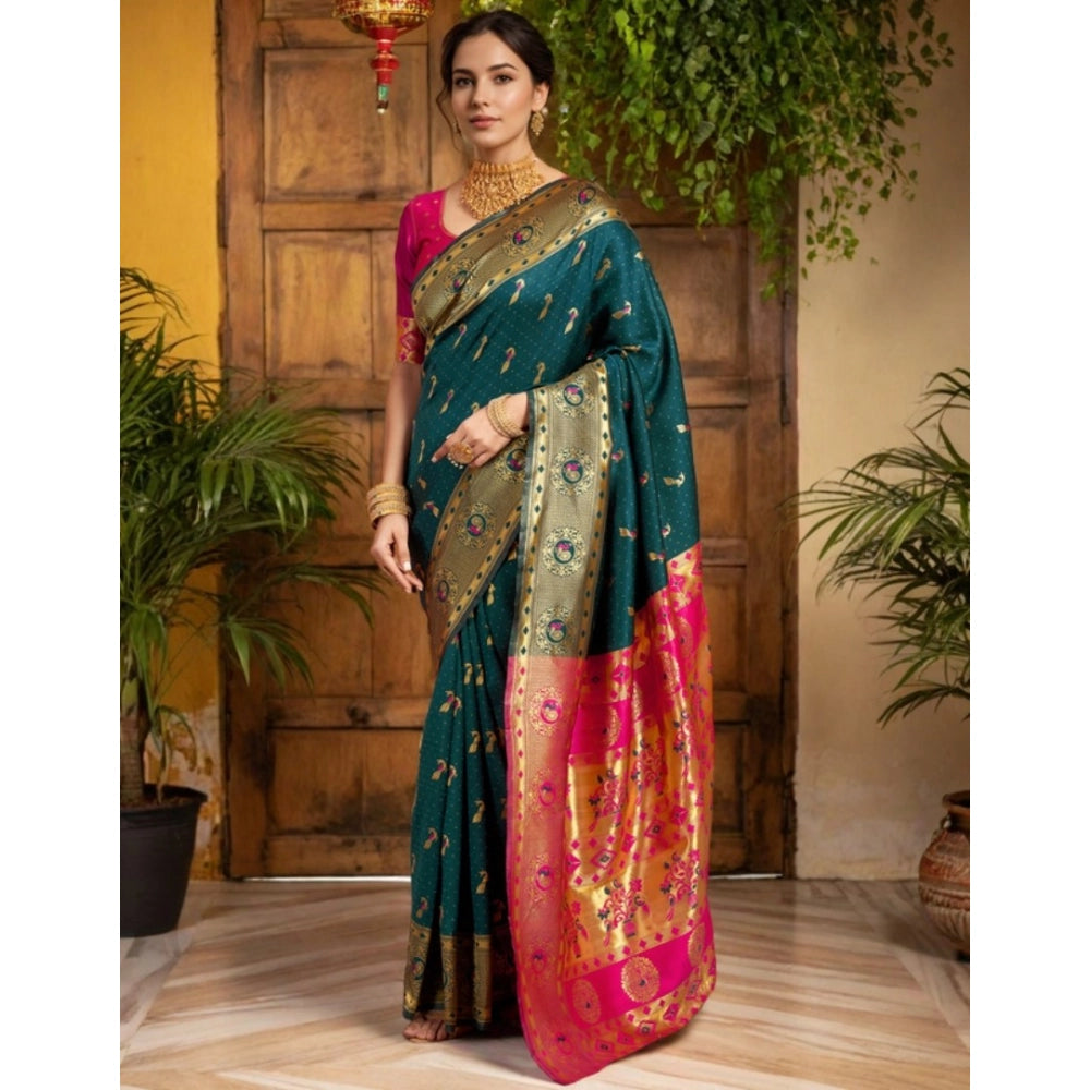 Women's Silk Blend Zari Weaving Saree With Unstitched Blouse 5.5Mtr (Dark-Green)
