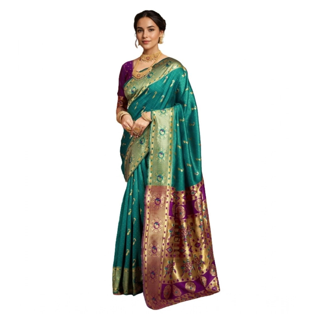 Women's Silk Blend Zari Weaving Saree With Unstitched Blouse 5.5Mtr (Green)
