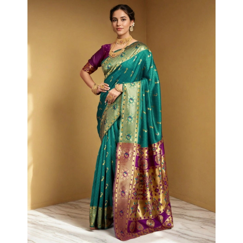 Women's Silk Blend Zari Weaving Saree With Unstitched Blouse 5.5Mtr (Green)