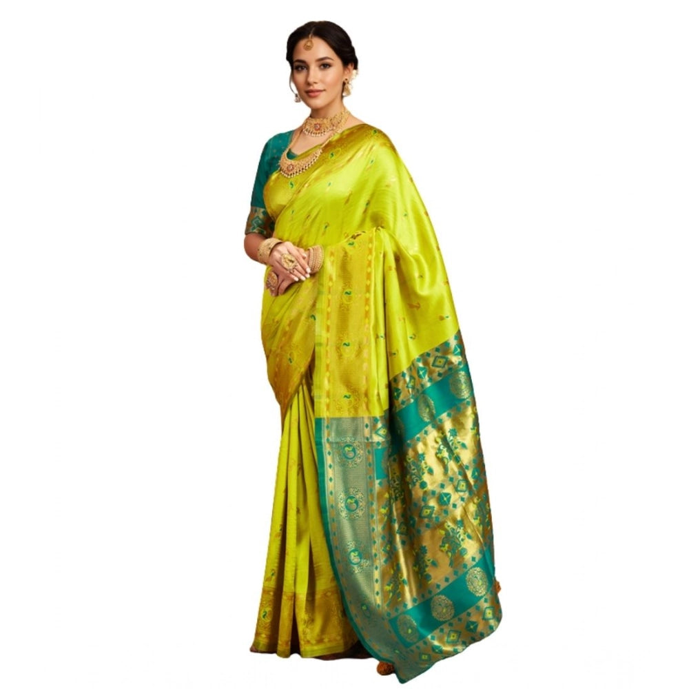 Women's Silk Blend Zari Weaving Saree With Unstitched Blouse 5.5Mtr (Lime-Green)
