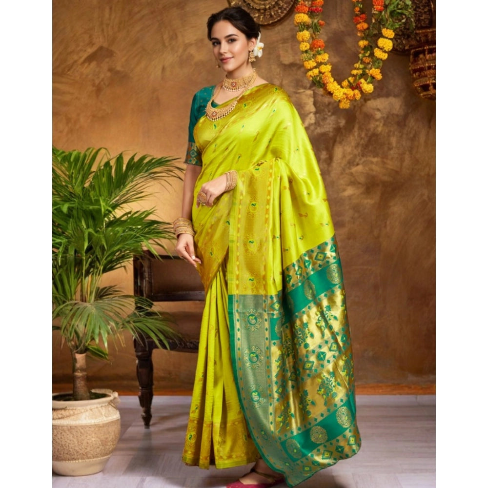 Women's Silk Blend Zari Weaving Saree With Unstitched Blouse 5.5Mtr (Lime-Green)