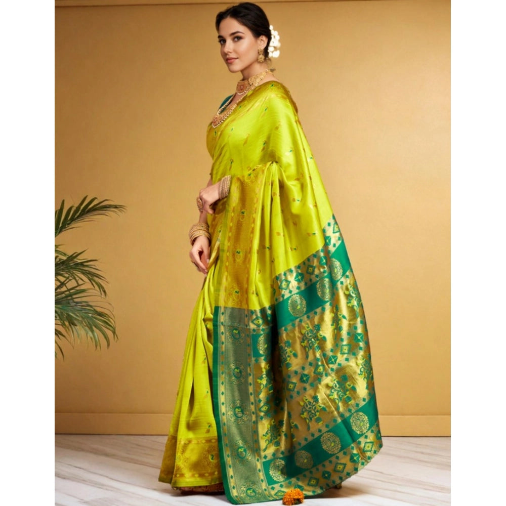 Women's Silk Blend Zari Weaving Saree With Unstitched Blouse 5.5Mtr (Lime-Green)