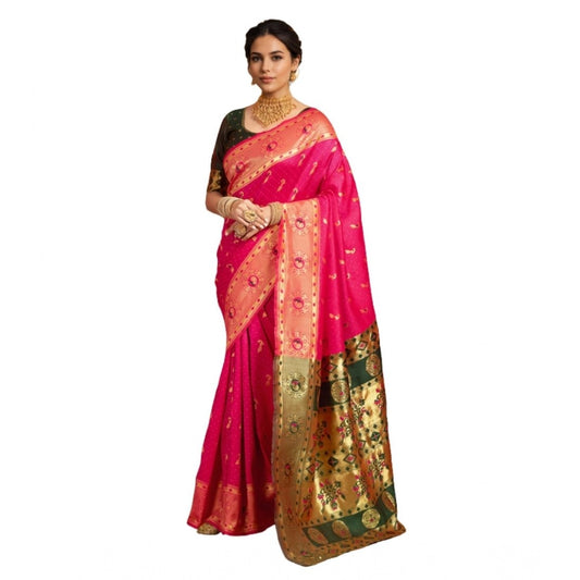 Women's Silk Blend Zari Weaving Saree With Unstitched Blouse 5.5Mtr (Pink)