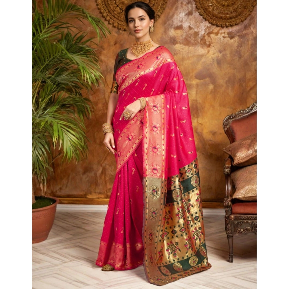 Women's Silk Blend Zari Weaving Saree With Unstitched Blouse 5.5Mtr (Pink)