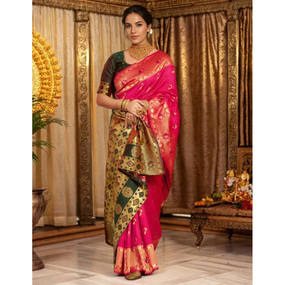 Women's Silk Blend Zari Weaving Saree With Unstitched Blouse 5.5Mtr (Pink)