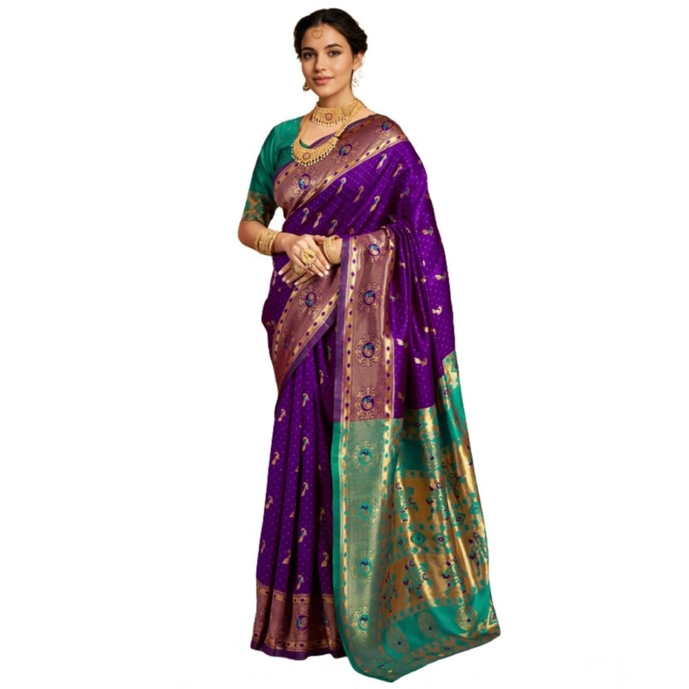 Women's Silk Blend Zari Weaving Saree With Unstitched Blouse 5.5Mtr (Purple)