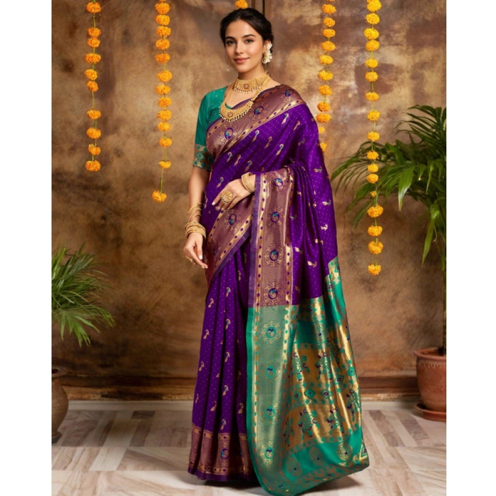 Women's Silk Blend Zari Weaving Saree With Unstitched Blouse 5.5Mtr (Purple)