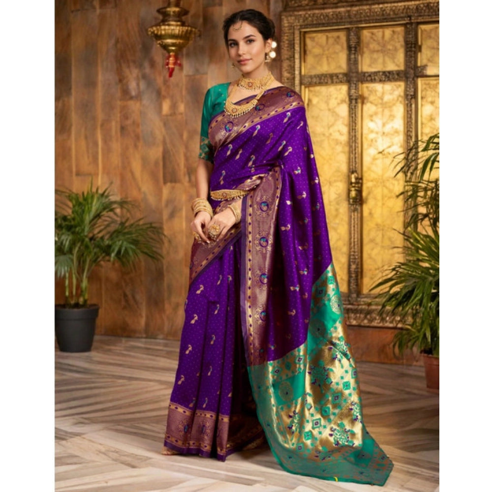 Women's Silk Blend Zari Weaving Saree With Unstitched Blouse 5.5Mtr (Purple)