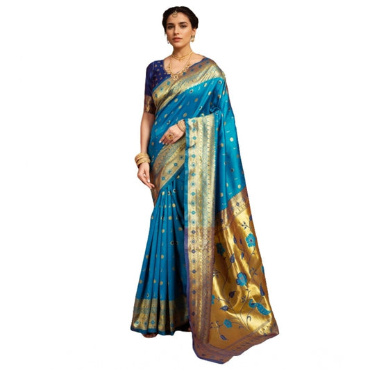 Women's Silk Blend Zari Weaving Saree With Unstitched Blouse 5.5Mtr (Aqua)