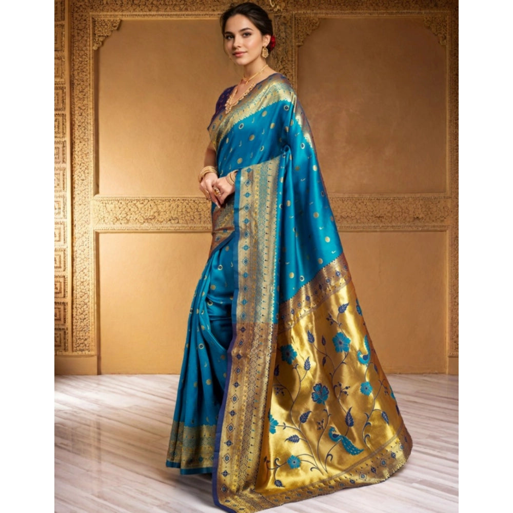 Women's Silk Blend Zari Weaving Saree With Unstitched Blouse 5.5Mtr (Aqua)