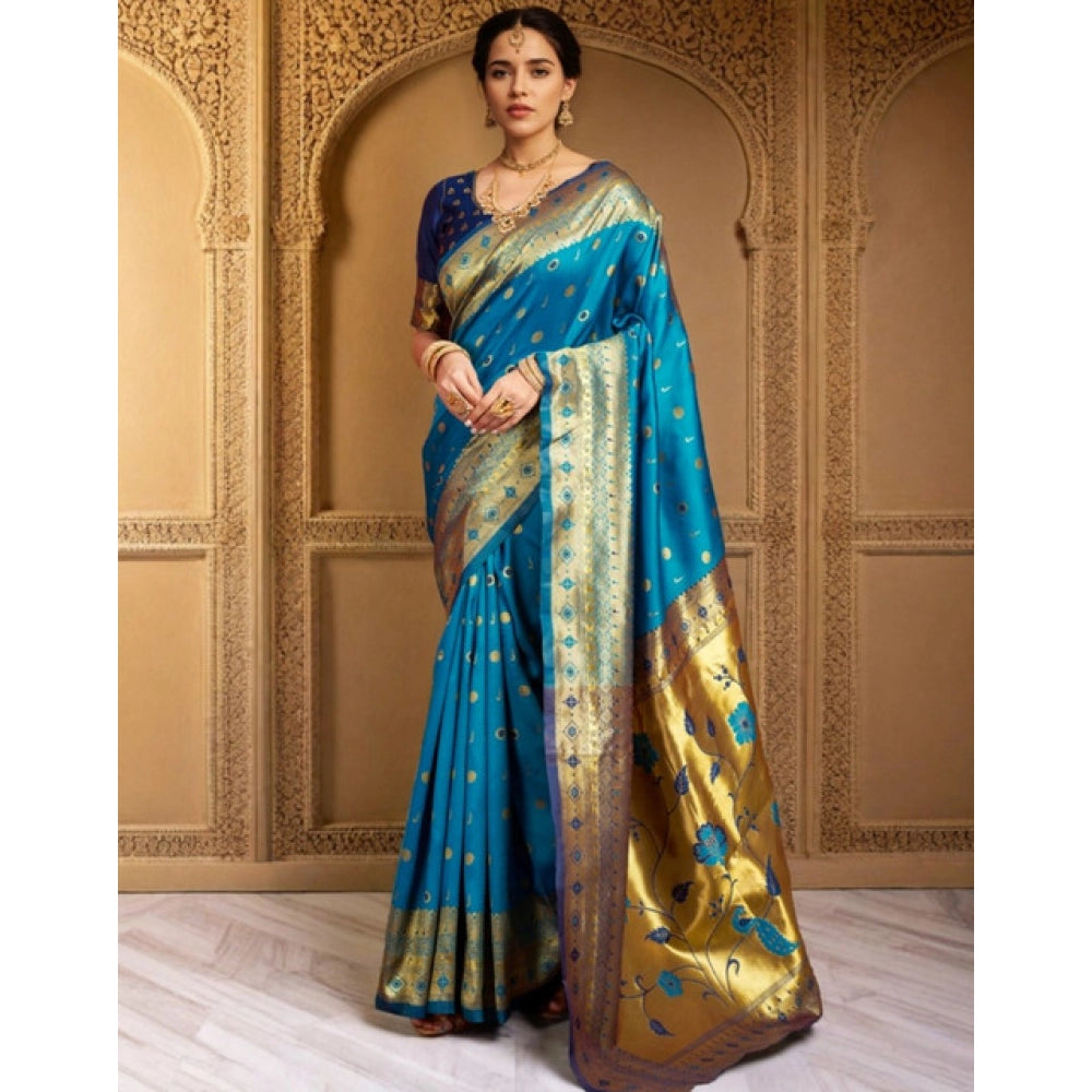 Women's Silk Blend Zari Weaving Saree With Unstitched Blouse 5.5Mtr (Aqua)