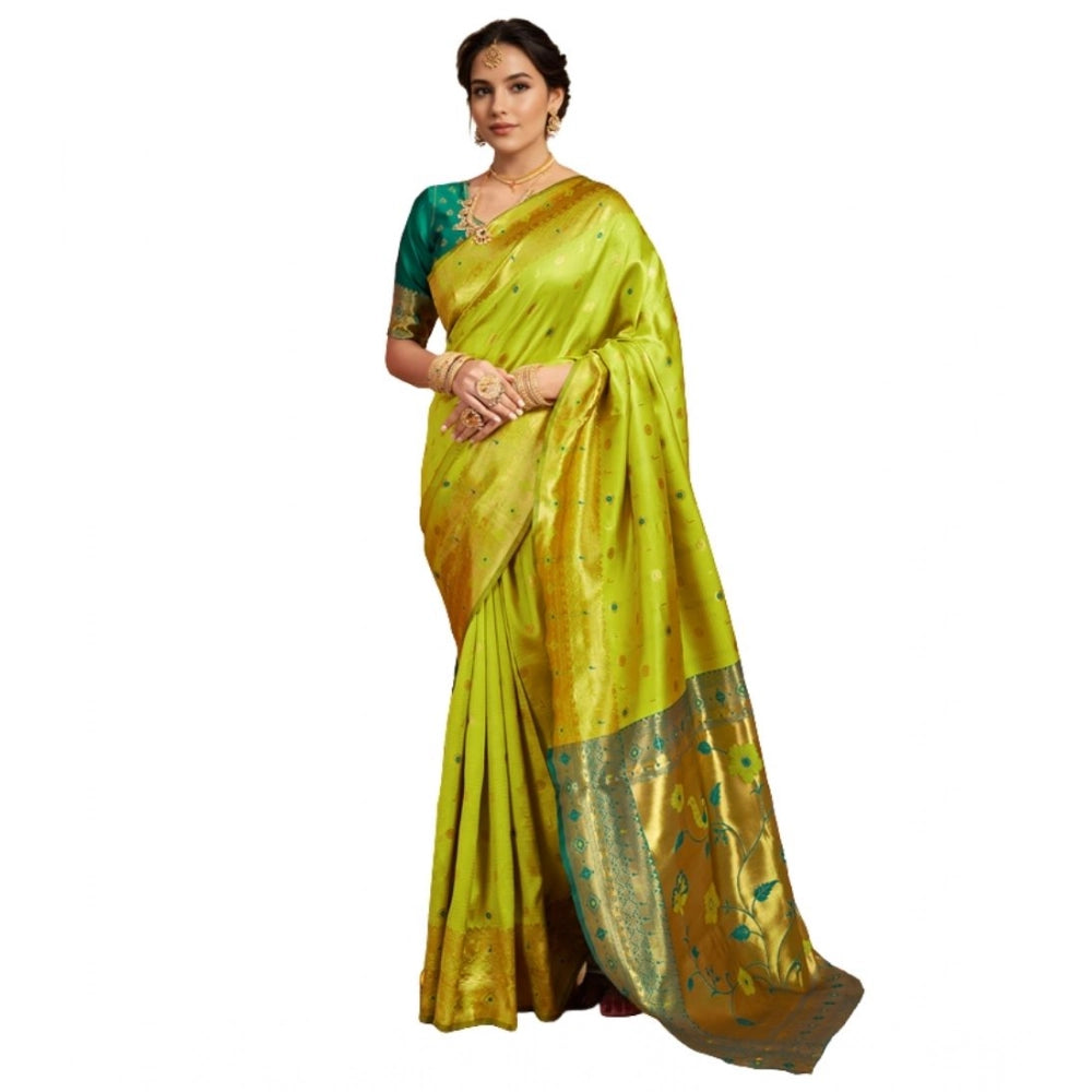 Women's Silk Blend Zari Weaving Saree With Unstitched Blouse 5.5Mtr (Lime-Green)