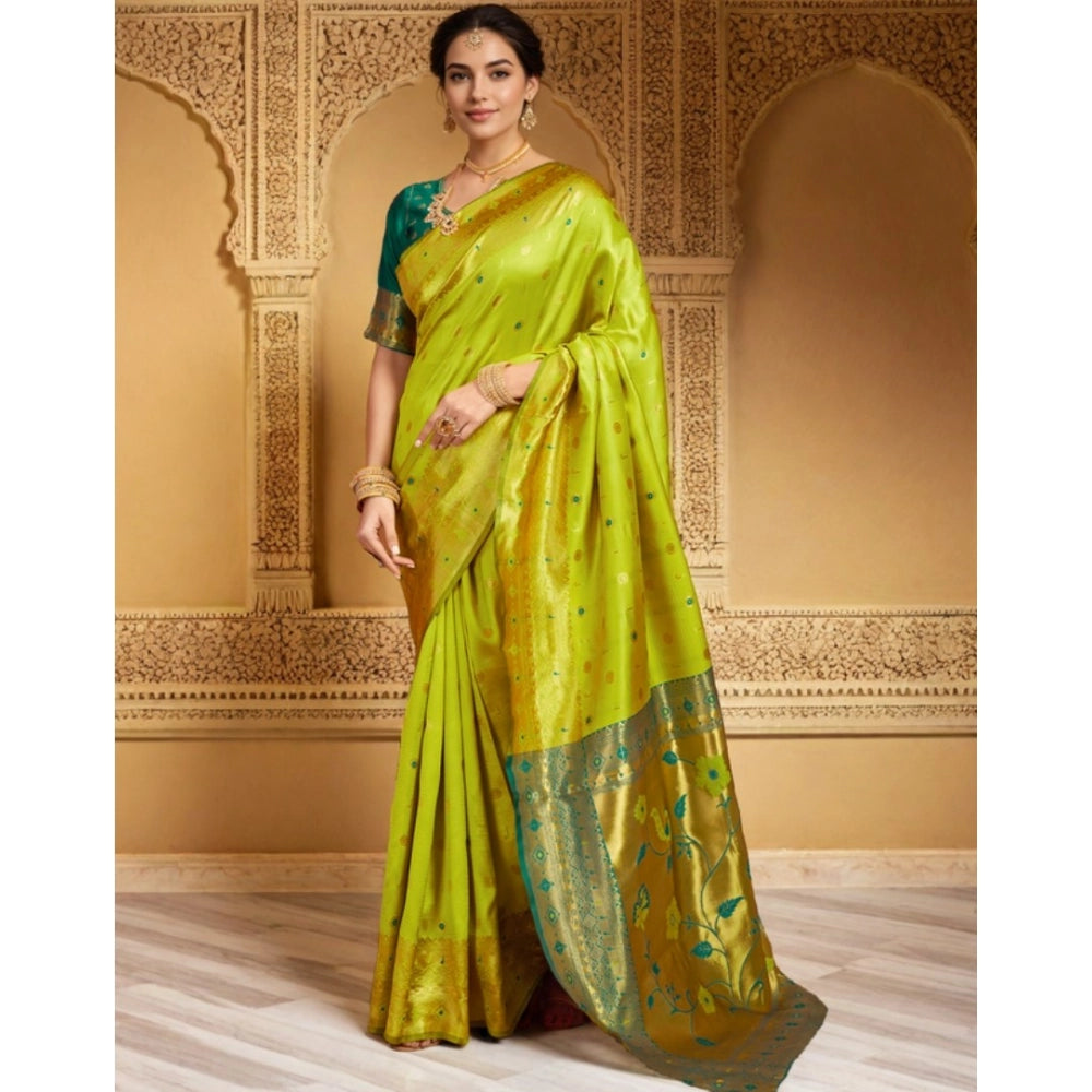 Women's Silk Blend Zari Weaving Saree With Unstitched Blouse 5.5Mtr (Lime-Green)