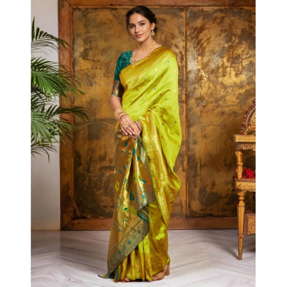 Women's Silk Blend Zari Weaving Saree With Unstitched Blouse 5.5Mtr (Lime-Green)