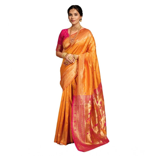 Women's Silk Blend Zari Weaving Saree With Unstitched Blouse 5.5Mtr (Orange)