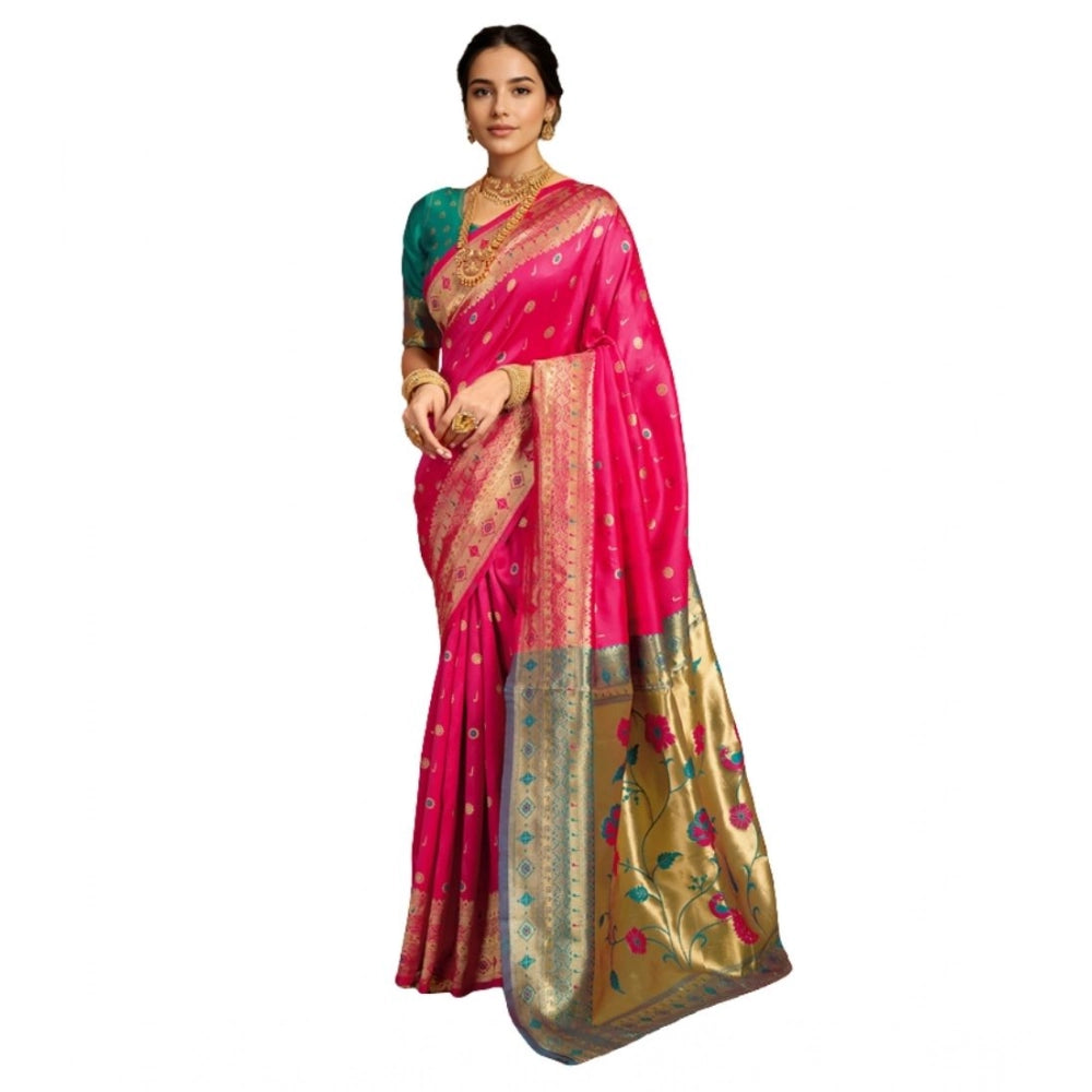 Women's Silk Blend Zari Weaving Saree With Unstitched Blouse 5.5Mtr (Pink)