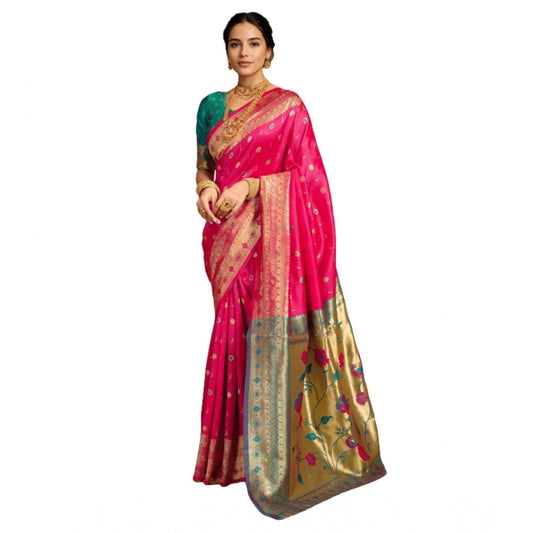 Women's Silk Blend Zari Weaving Saree With Unstitched Blouse 5.5Mtr (Pink)