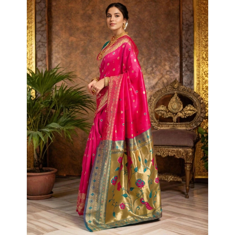 Women's Silk Blend Zari Weaving Saree With Unstitched Blouse 5.5Mtr (Pink)