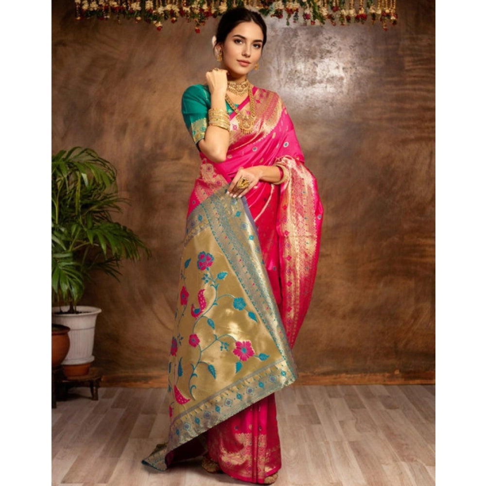 Women's Silk Blend Zari Weaving Saree With Unstitched Blouse 5.5Mtr (Pink)