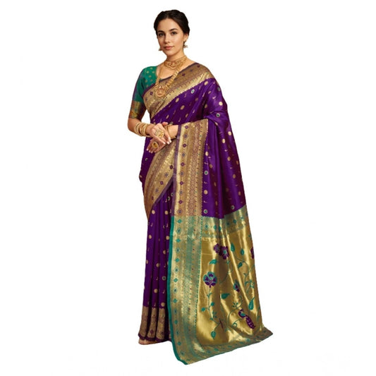 Women's Silk Blend Zari Weaving Saree With Unstitched Blouse 5.5Mtr (Purple)