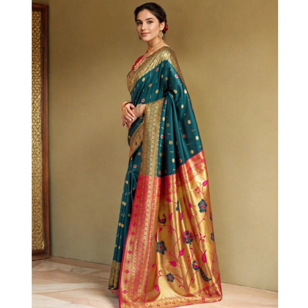 Women's Silk Blend Zari Weaving Saree With Unstitched Blouse 5.5Mtr (Rama)
