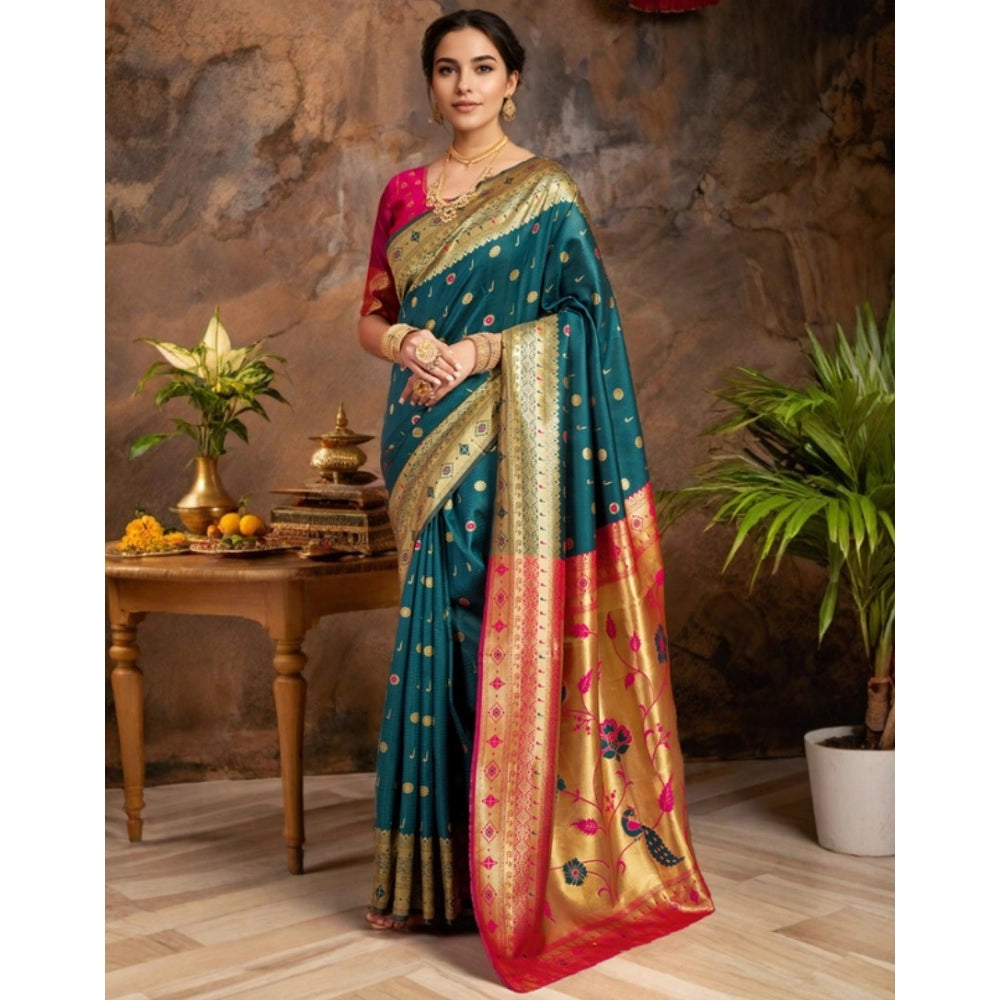Women's Silk Blend Zari Weaving Saree With Unstitched Blouse 5.5Mtr (Rama)