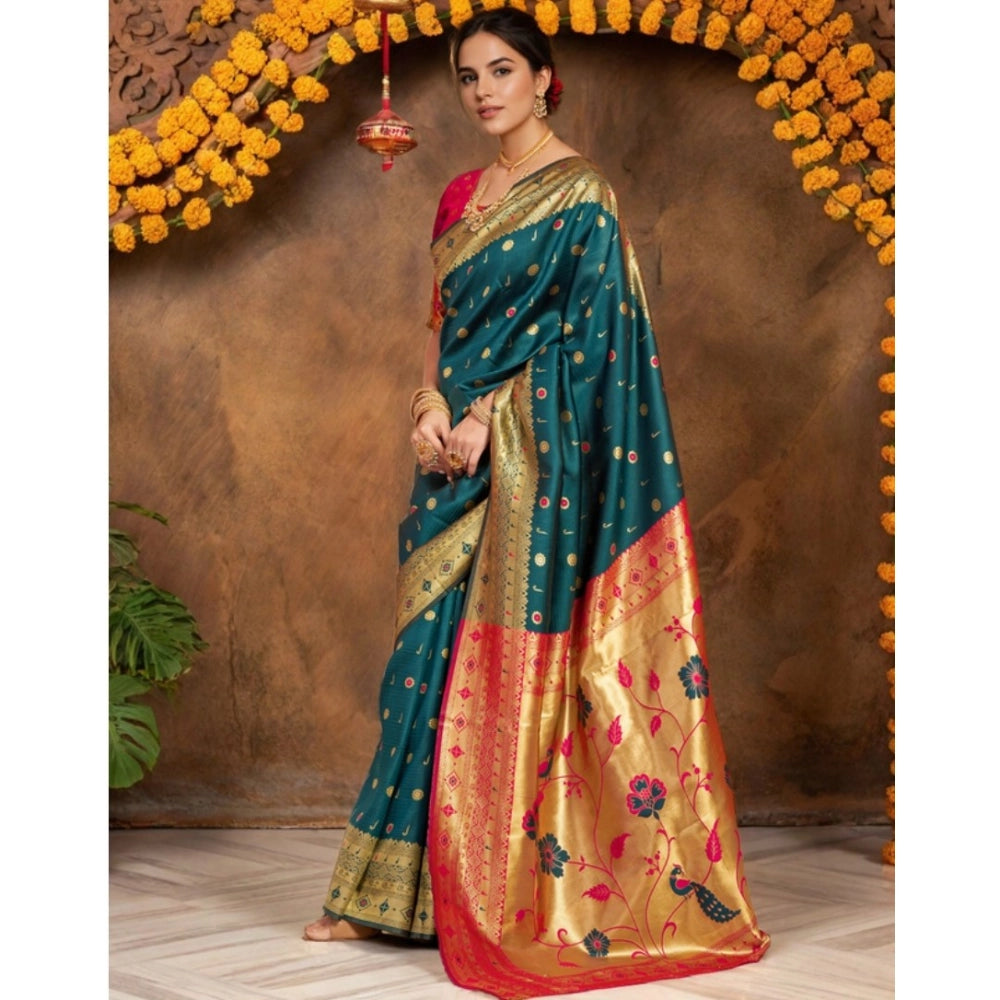 Women's Silk Blend Zari Weaving Saree With Unstitched Blouse 5.5Mtr (Rama)