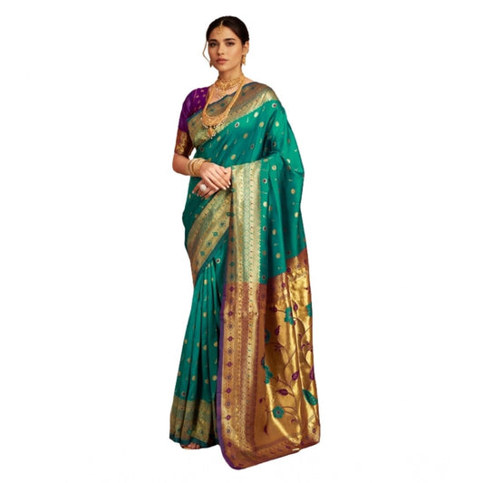 Women's Silk Blend Zari Weaving Saree With Unstitched Blouse 5.5Mtr (Teal)