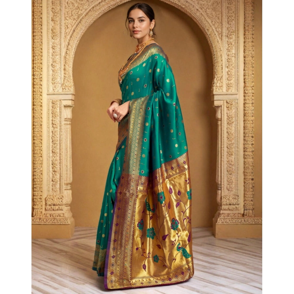Women's Silk Blend Zari Weaving Saree With Unstitched Blouse 5.5Mtr (Teal)