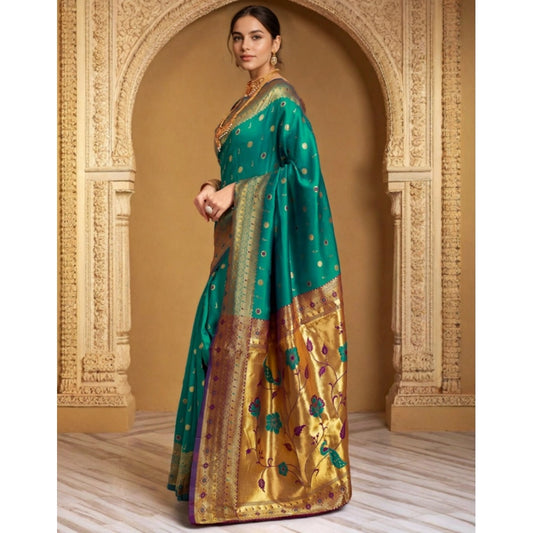Women's Silk Blend Zari Weaving Saree With Unstitched Blouse 5.5Mtr (Teal)