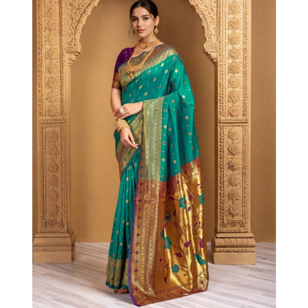 Women's Silk Blend Zari Weaving Saree With Unstitched Blouse 5.5Mtr (Teal)