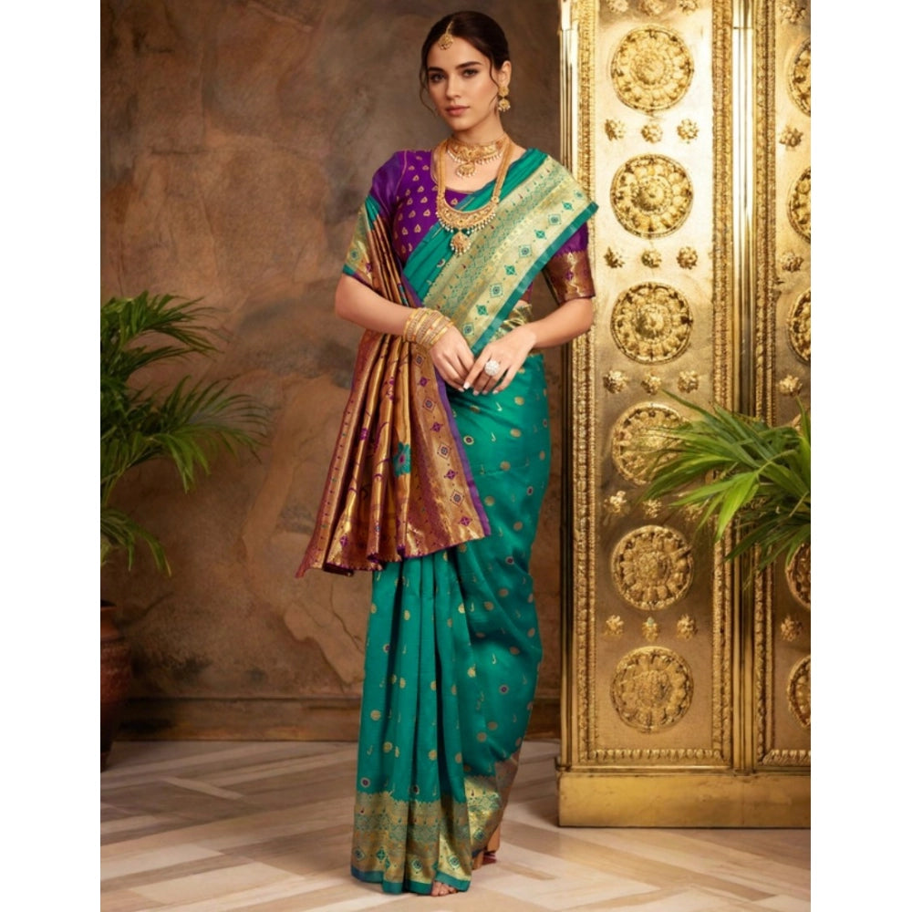 Women's Silk Blend Zari Weaving Saree With Unstitched Blouse 5.5Mtr (Teal)