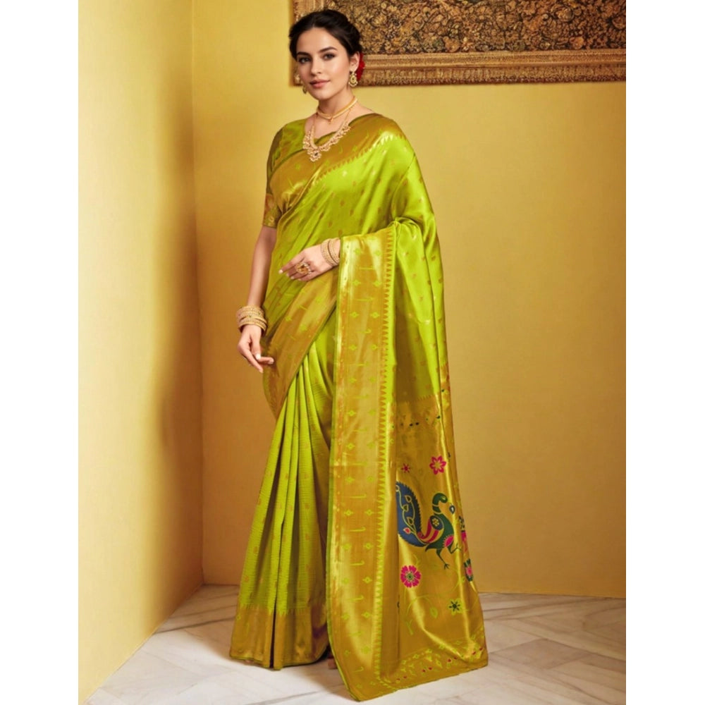 Women's Silk Blend Zari Weaving Saree With Unstitched Blouse 5.5Mtr (Lime-Green)