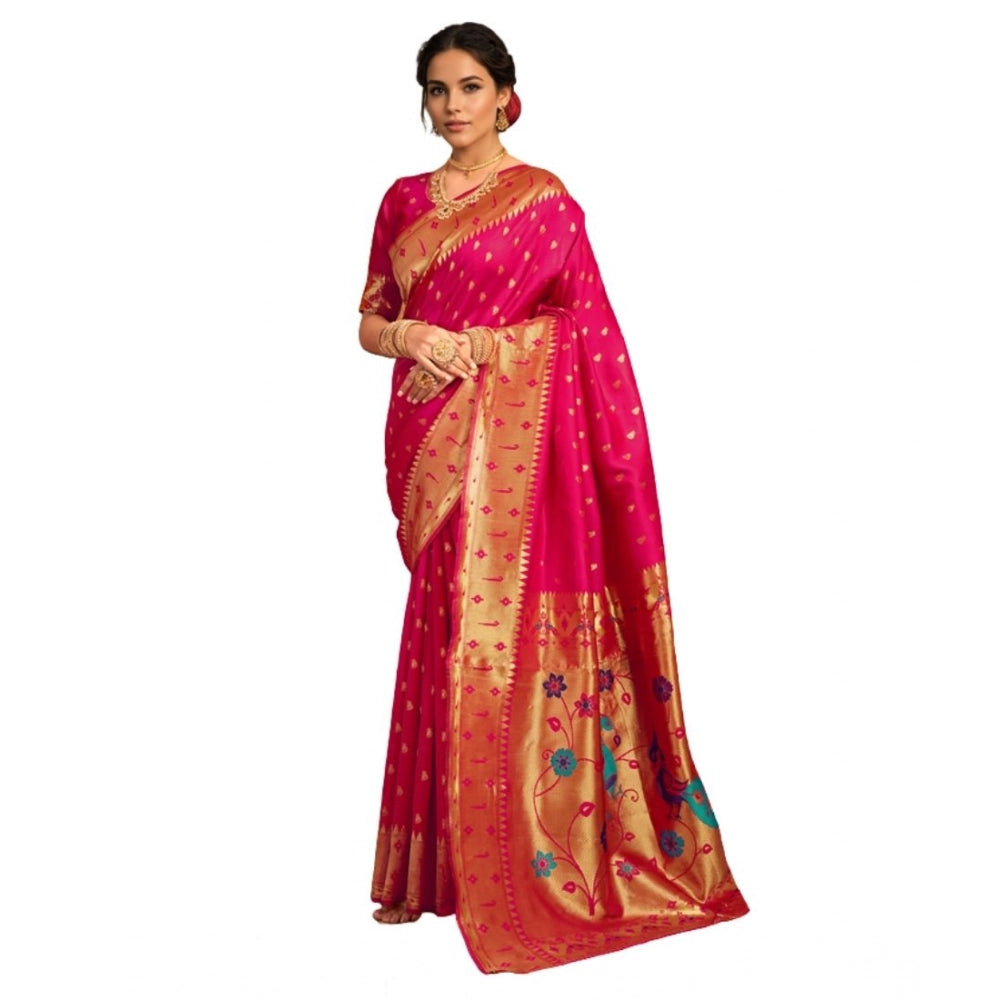 Women's Silk Blend Zari Weaving Saree With Unstitched Blouse 5.5Mtr (Pink)